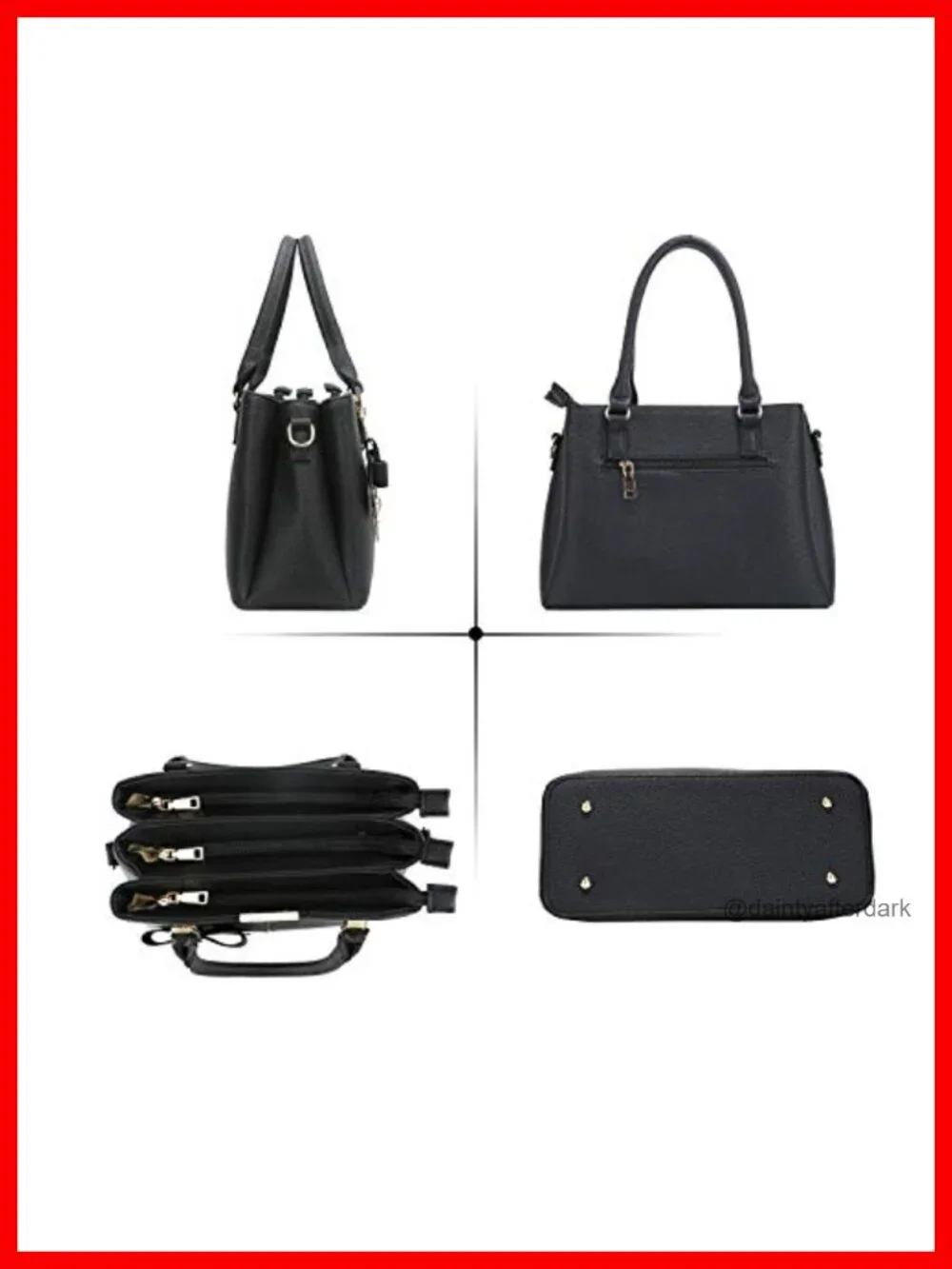 PU Leather Satchel Handbag with 3 Zippered Compartments, Top Handle Purse